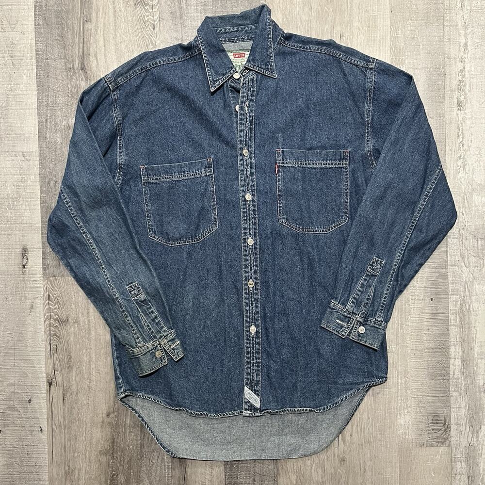 VTG Levis Denim Two Pocket Button Work Shirt Long Sleeve Men's Red Tab Y2K 90s M
